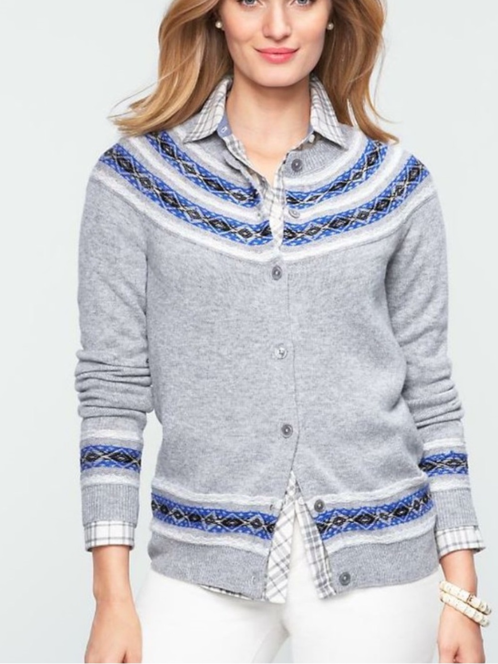 Talbots Fair Isle Lambswool Blend gray with blue cardigan sweater jumper Large